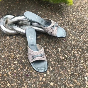 Casadei Sage Green Woven Leather Toe Bow Tie Slide Sandals NEW